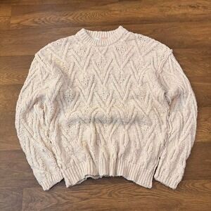 Modern Free People Boho Style Cable Knit Crewneck Pullover Oversized Sweater XS